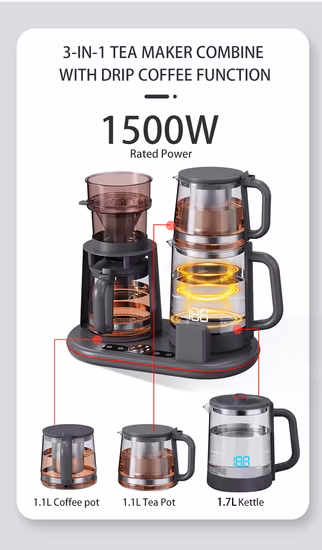 1.7L Glass Tea Kettle with Tray Automatic Electric Coffee and Tea Maker